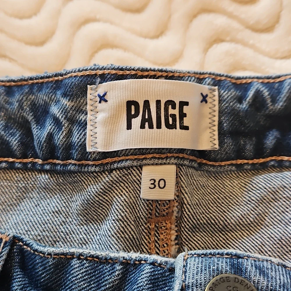PAIGE Blue Distressed Jean Shorts - Picture 7 of 8